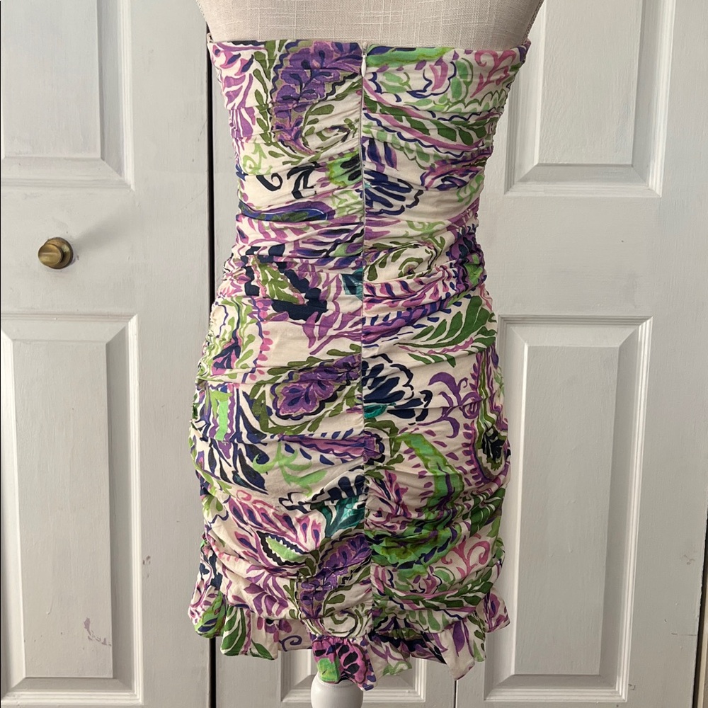 Zara Floral Purple and Green Floral Ruched Dress - Picture 2 of 3